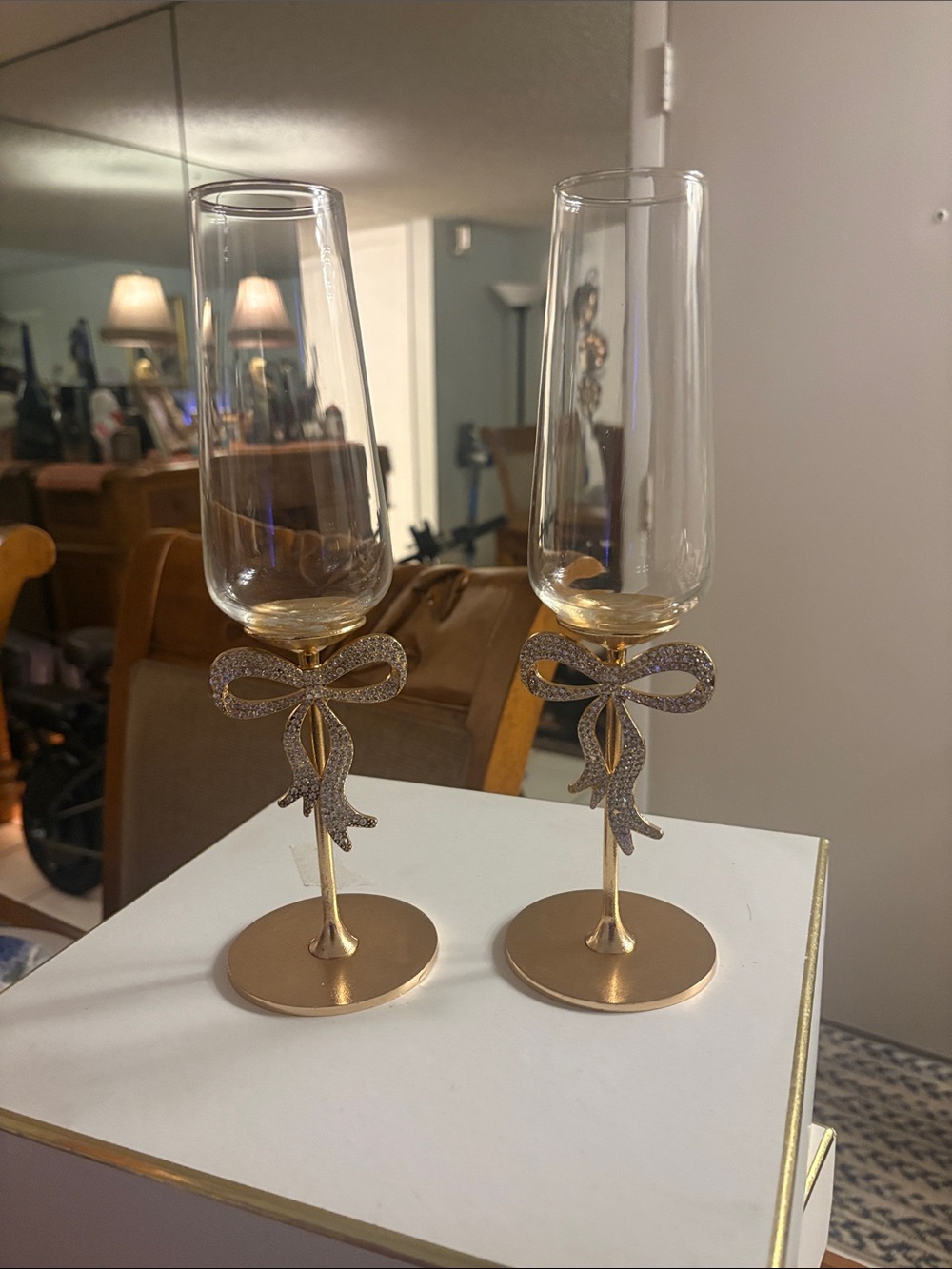 Gold Stem Champagne Flutes with Crystal Bow Accents